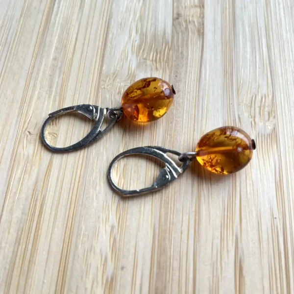 Elegant amber earrings with leverback clasp, showcasing unique natural inclusions and a modern design.