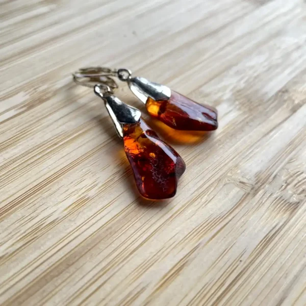 Elegant amber earrings, showcasing unique natural inclusions and warm hues.