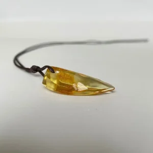 Elegant amber pendant with unique fang shape, showcasing natural inclusions on a brown cord.