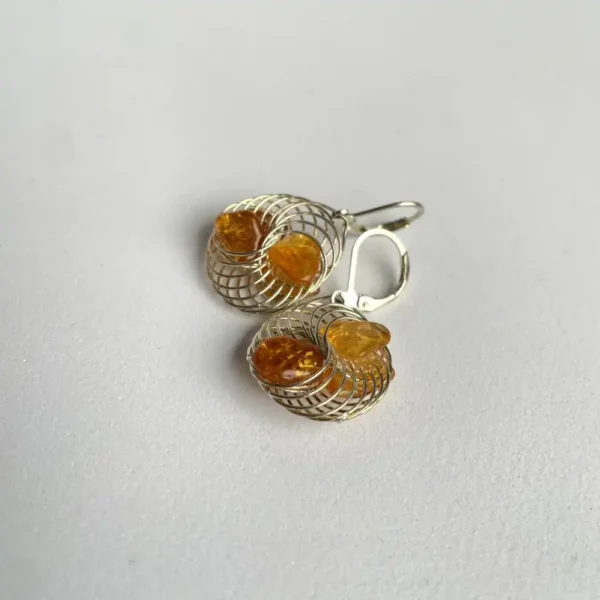 Elegant silver earrings with amber gemstones, featuring modern spiral design and sophisticated craftsmanship.