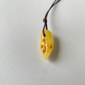 Elegant amber fang pendant with natural inclusions on a dark cord. Perfect eco-friendly jewelry.