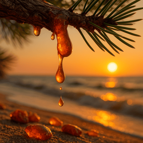 Amber resin glistens on a pine branch at sunset, perfectly framing a tranquil beach scene bathed in warm, golden hues.
