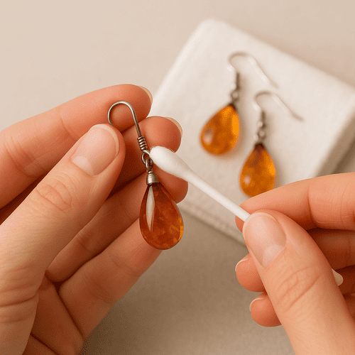 Person cleaning stunning amber earrings with care using a cotton swab on a soft cloth.