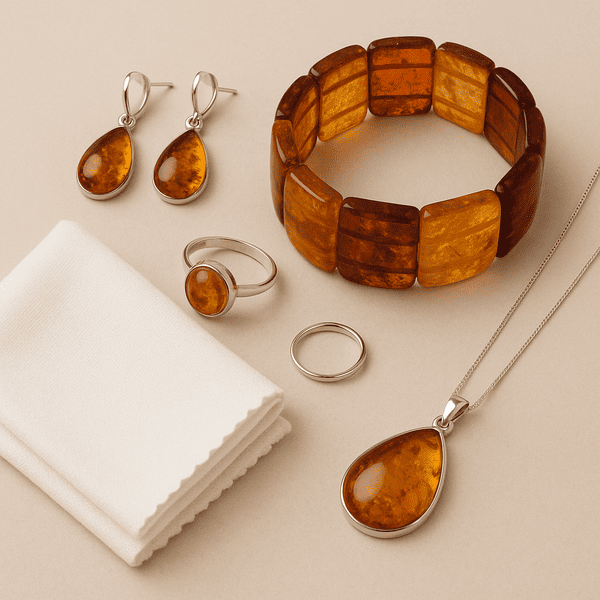 Stunning amber jewelry collection featuring silver pieces, including earrings, rings, and a bracelet.