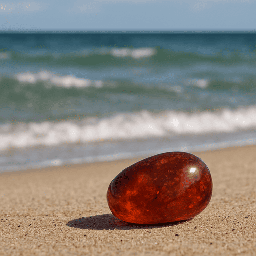 Amber stone resting on sandy beach near calm ocean waves under a clear blue sky.