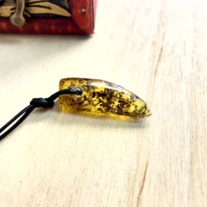 Elegant Amber Pendant Necklace on black cord, featuring natural inclusions and a polished finish.