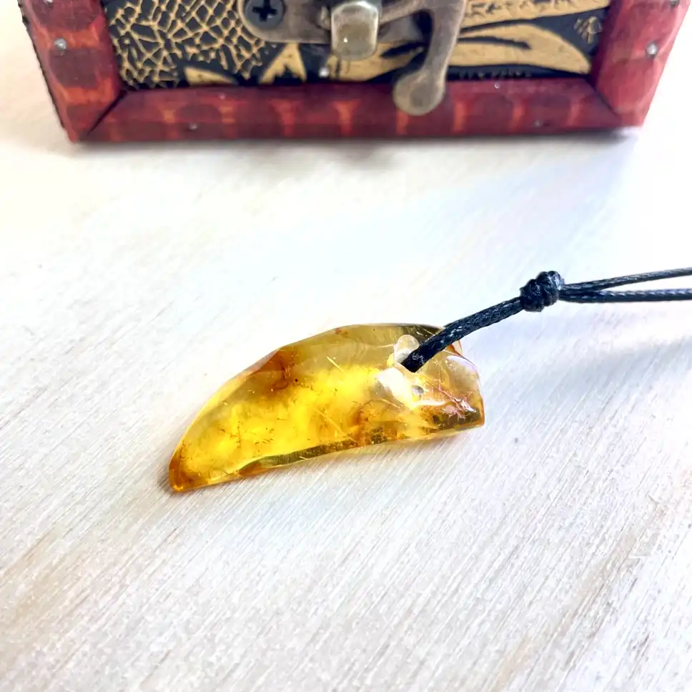 Elegant amber pendant necklace on black cord, showcasing natural inclusions and rich golden hues.