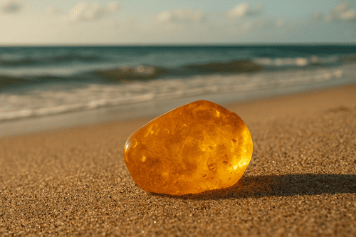 Golden honey amber glistens on a sandy beach, illuminated by soft light, as gentle ocean waves create a serene coastal atmosphere.