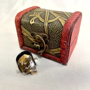 Antique treasure chest and unique gemstone ring showcase vintage elegance and craftsmanship.