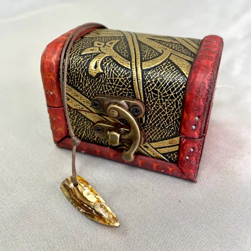 Intricately designed treasure chest with gold patterns, brass latch, and unique charm pendant.