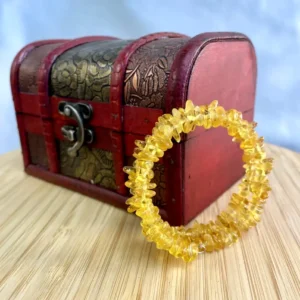 Vintage treasure chest with intricate design and vibrant amber beaded bracelet on natural wood.