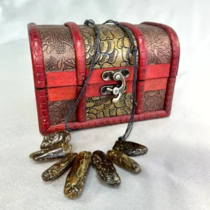 Decorative treasure chest featuring a necklace, perfect for showcasing treasured jewelry and unique artifacts.