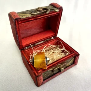 Vintage jewelry box with amber gemstone, showcasing intricate woodwork and rich colors.