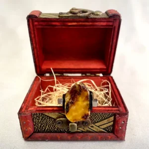 Intricate wooden box showcasing polished amber gem, lined with red fabric and straw.