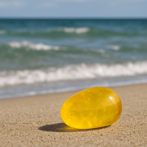 Vibrant yellow amber on sandy beach with ocean backdrop and gentle waves.